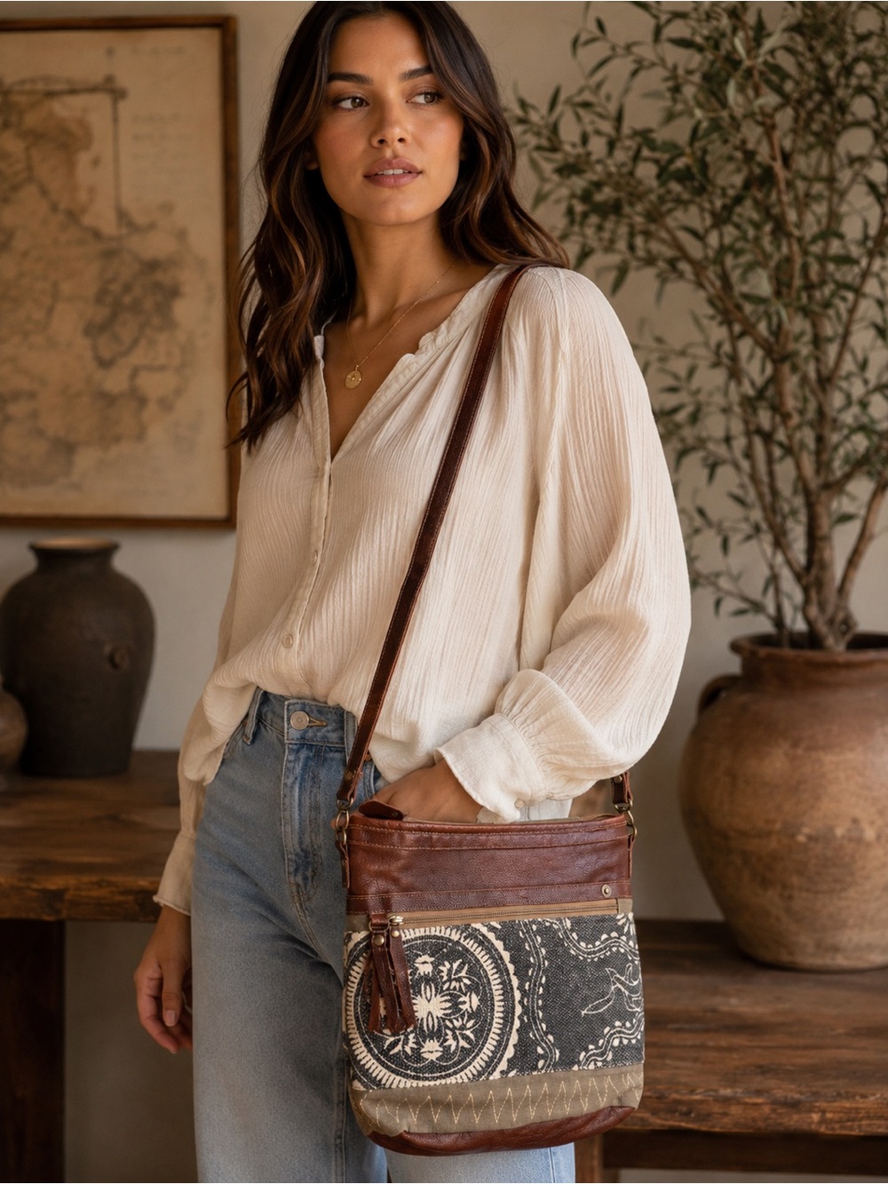 Myra Leather Canvas Embroidered Crossbody Boho Messenger Bag